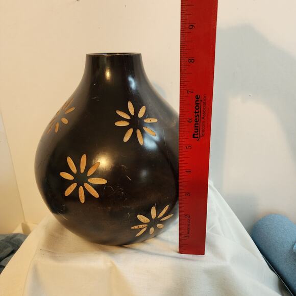 Vintage Polish Carved Wood Vase Floral Inlay Dark Brown Folk Art 8" Tall Heavy - Picture 6 of 10